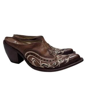 Kobra Western Leather Mule 36/5.5 Brown Embroidery Pointy Toe Cowgirl Rodeo Boho